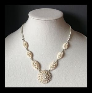 Vintage Art Deco Celluloid Carved Cream Flower Rhinestone Statement Necklace